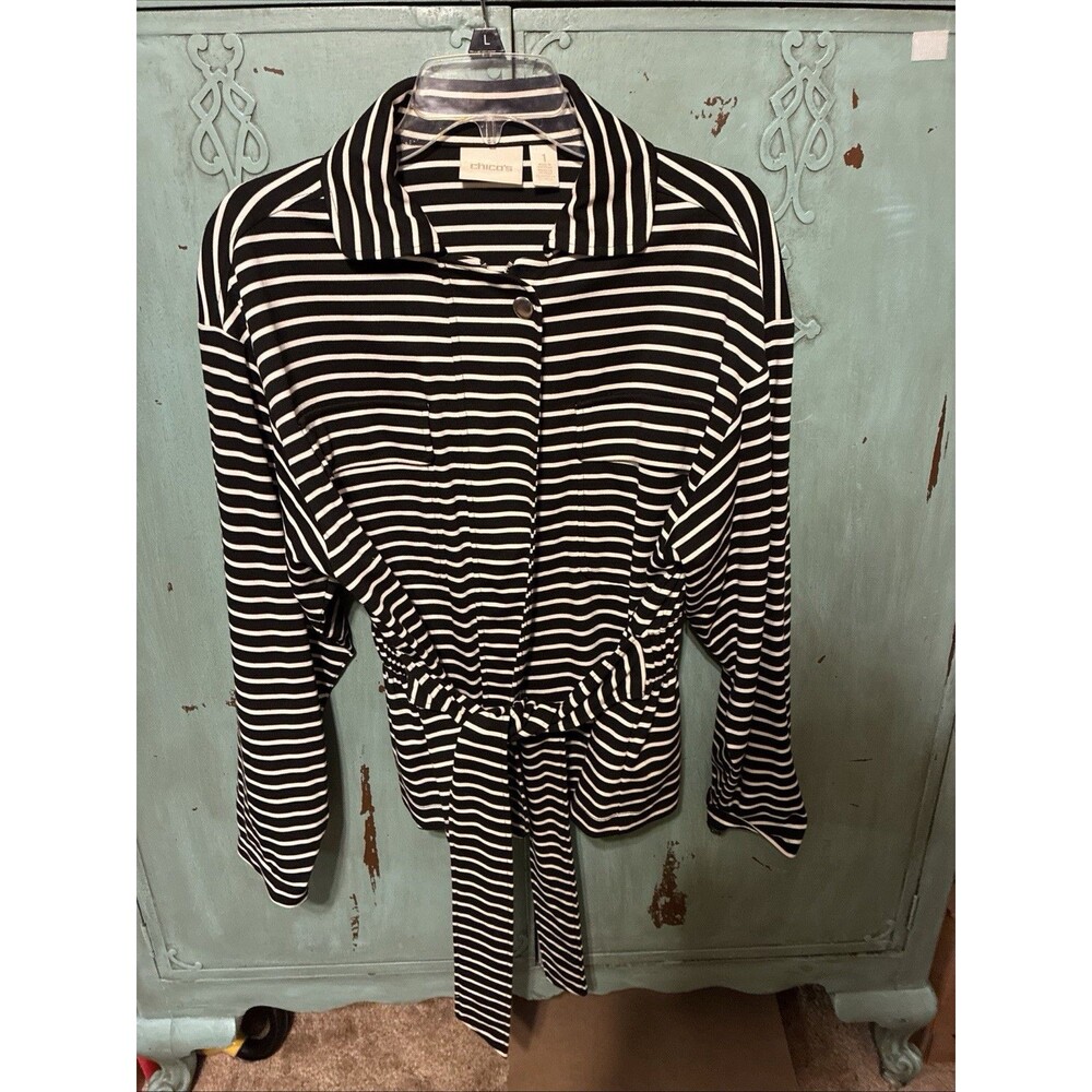 Chicos Striped Tie Waist Jacket Womens Sz 1  M Black White Full ZIP Knit Office